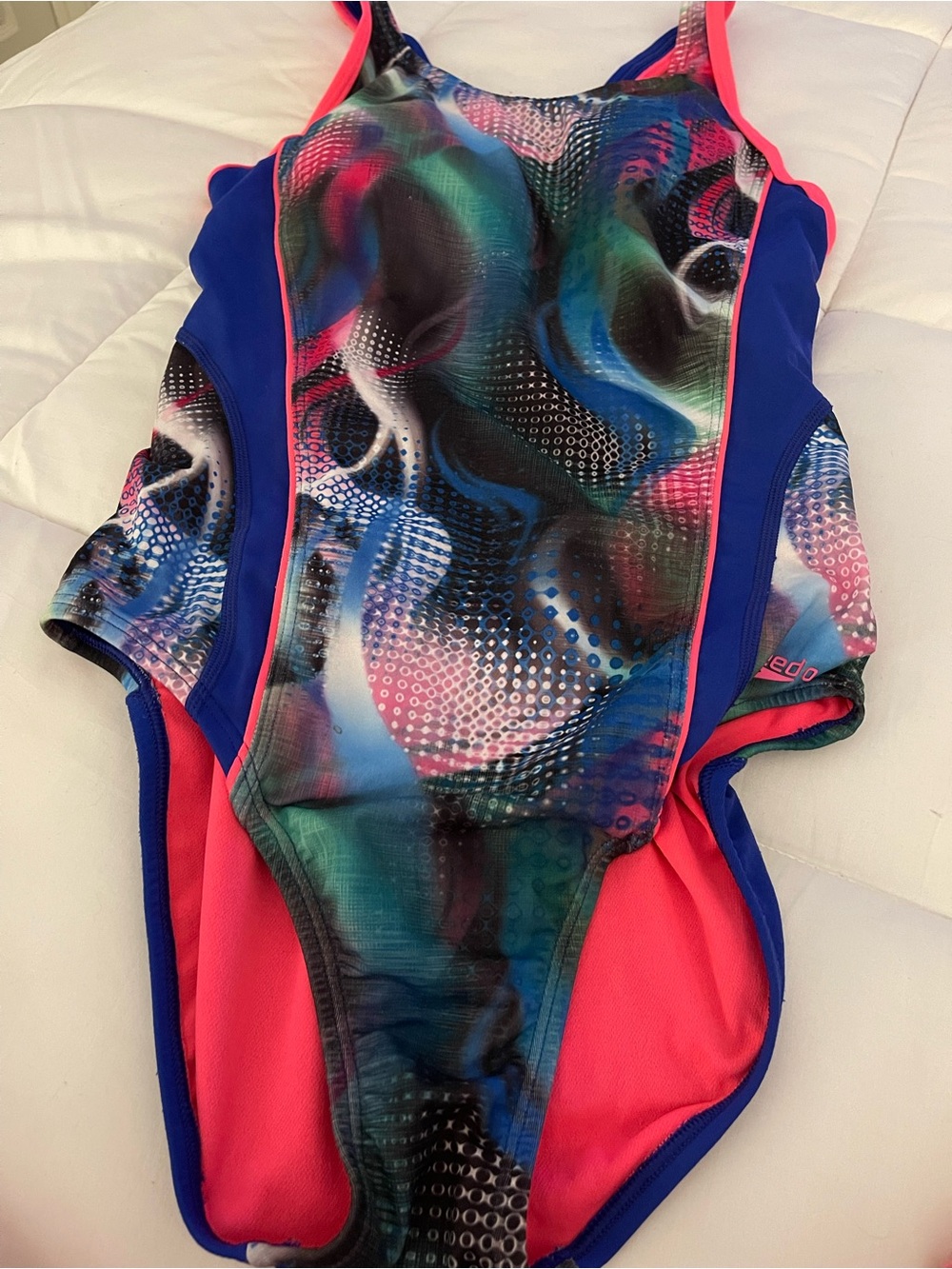 Speedo Women’s Multicolor Swimsuit with Blue Panels and Pink Trim